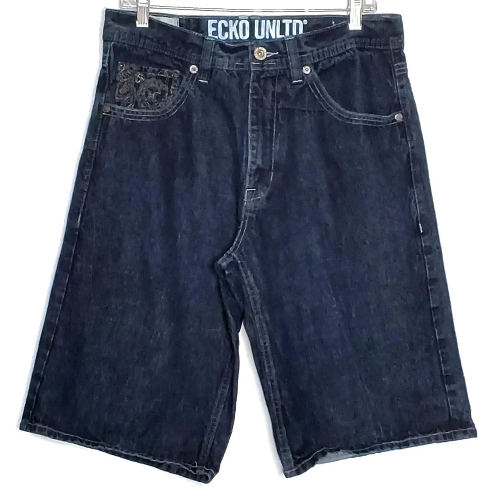 Y2K Ecko Unltd Denim Shorts Mens 32 Blue Baggy Embroidered Pockets Jorts